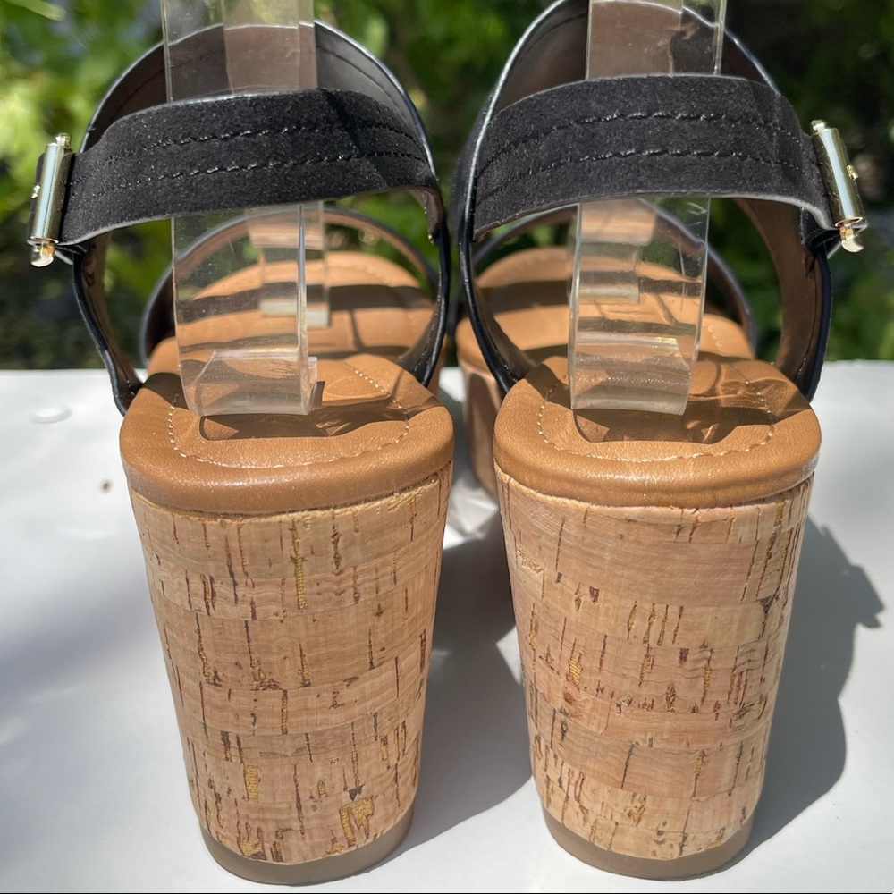 Last 9!  CALEB-42 Black Ankle Strap Slingback Chunky Platform Cork Heel Sandal - Picture 4 of 10